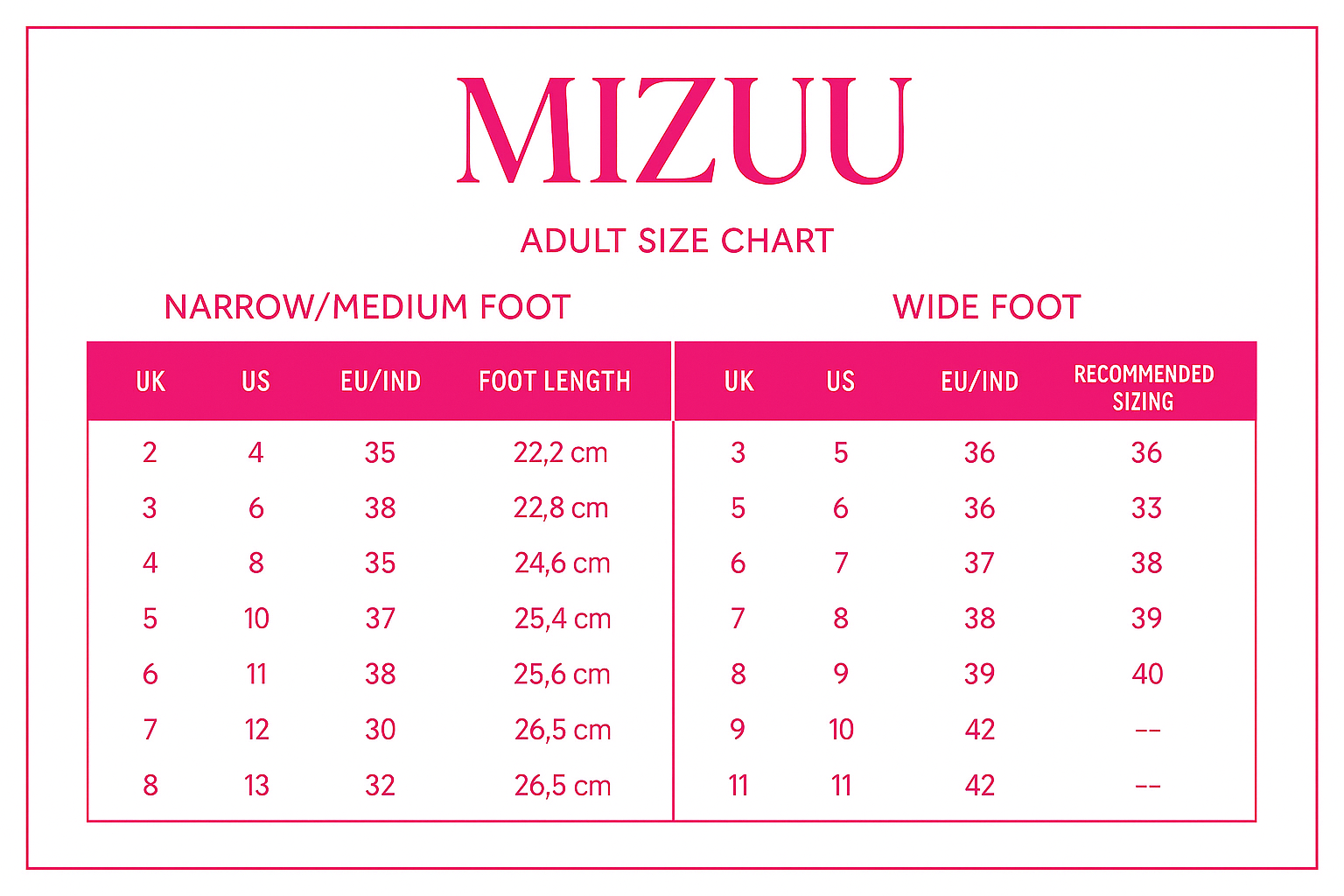 MIZUU Shoe Sizing Chart